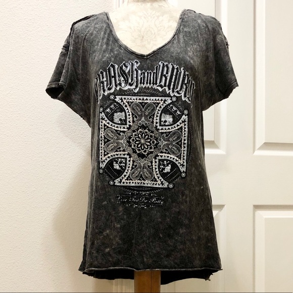 Crash & Burn Women’s Black S/S Graphic T-shirt with Rhinestone Studded Cross - M - Picture 11 of 17